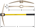 Composite showing three images of a bronze railroad pick with a yellow fiberglass handle, AMPCO printed on the handle and a black grip. Top image features a profile of the pick head with a long pointed end and a long flat chisel end opposite.  Middle imag